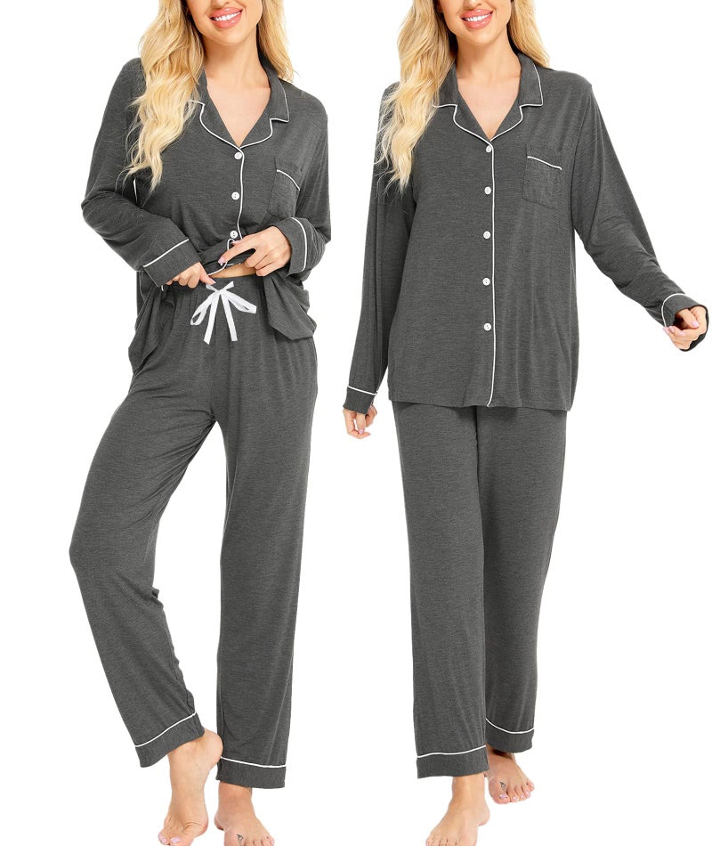 SWOMOG Womens Pajamas Set Long Sleeve Sleepwear Button Down Nightwear Soft PJs Sets with Pockets Lounge Sets Deep Grey - Image 3